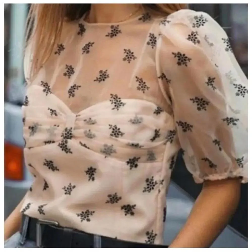 Zara Pastel Organza Blouse Sheer Floral Print Puff‎ Sleeve Size S